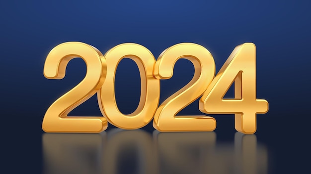 Vecteur bonne année 2024 numéros 3d métalliques dorés 2024 sur fond bleu