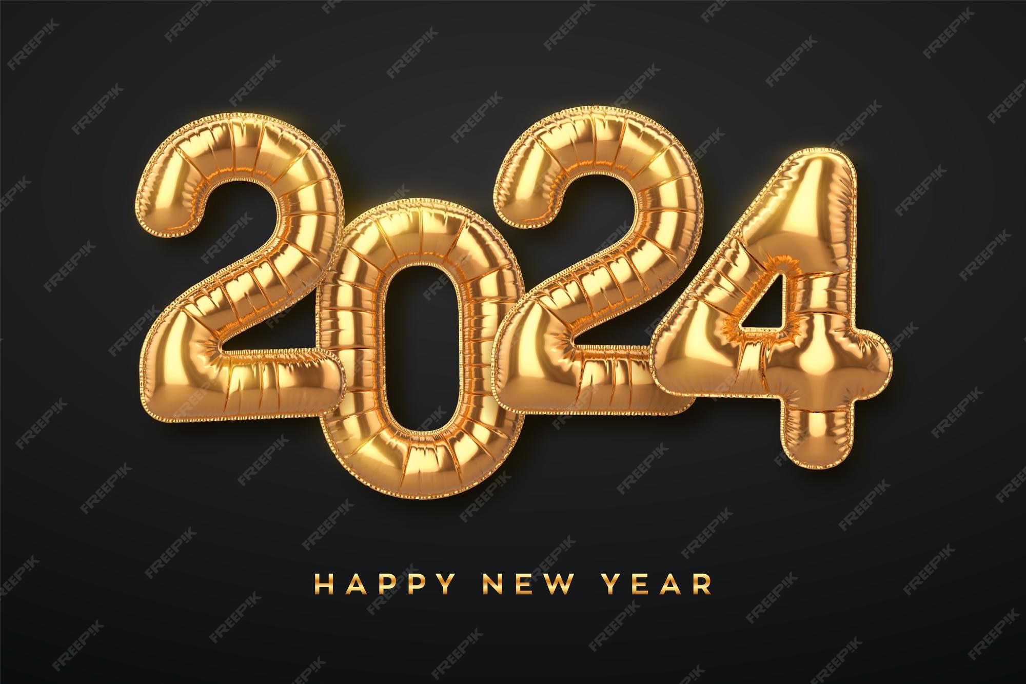Bonne année 2024 numéros de ballon en feuille d'or sur fond noir