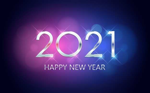 Bonne année en argent avec bokeh en fond de couleur bleu et violet néon