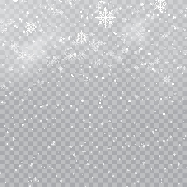 Vecteur bonne année ou carte de noël avec des flocons de neige tombant sur fond transparent