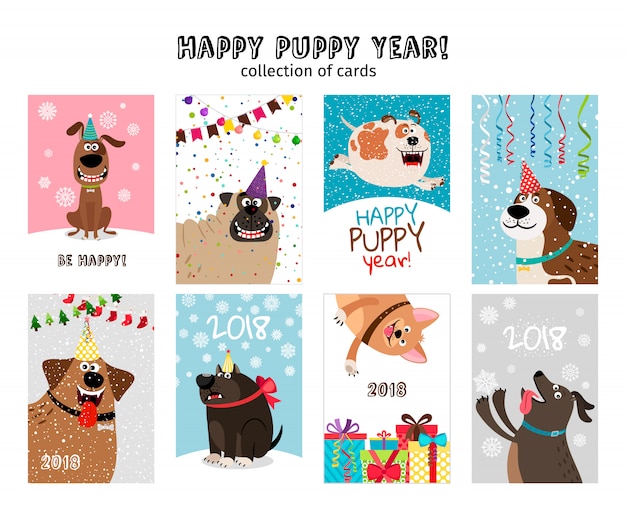 Vecteur bonne année, cartes de chiot avec des chiens mignons et drôles avec des décorations de noël
