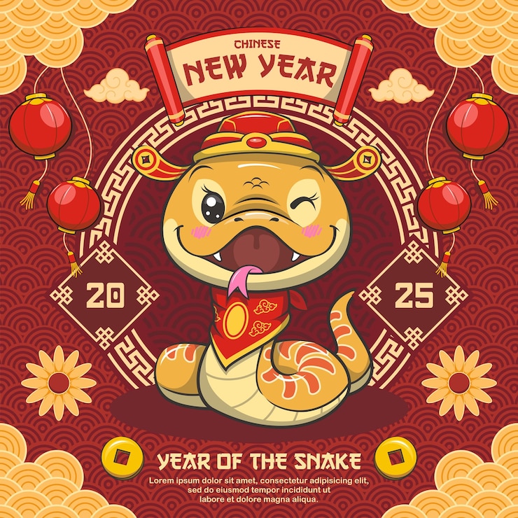 Vecteur bonne année chinoise 2025 avec l'année du serpent cute illustration de dessin animé