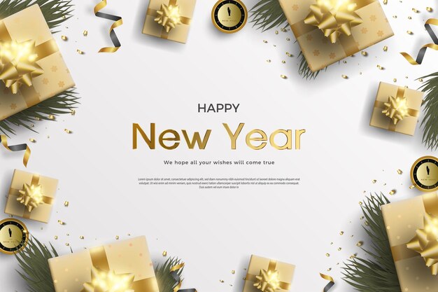 bonne année avec une décoration d'arbre vert et une horloge indiquant l'heure de la célébration