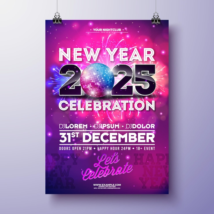 Vecteur bonne année à la fête de la fête d'affiche modèle d'illustration avec boule de disco brillante et d typographie