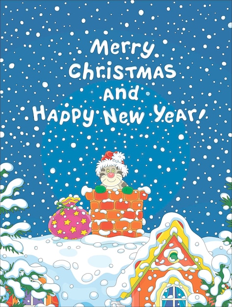 Bonne Année Et Joyeux Noël Avec Un Chat Drôle Dans Un Chapeau De Père Noël Regardant Par Une Cheminée