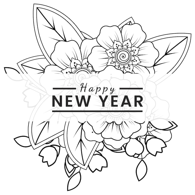 Bonne Année Avec Mehndi Fleur Doodle Ornement Contour Main Dessiner Livre De Coloriage