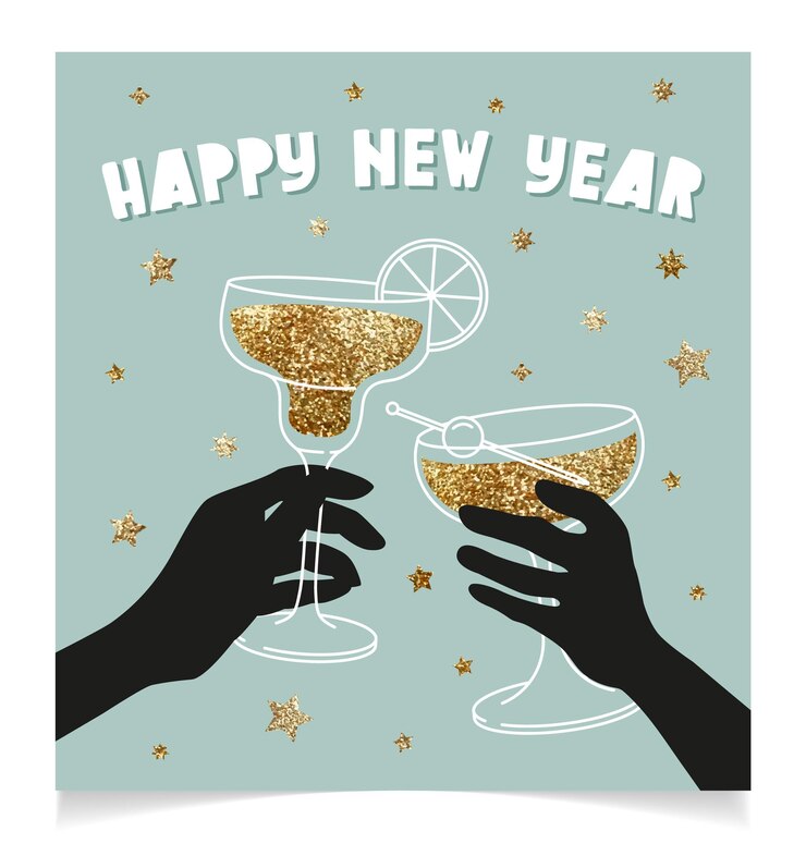 Bonne année mignon carte de voeux dessin au trait illustration vecteur conception. Invitation à la fête. Mains