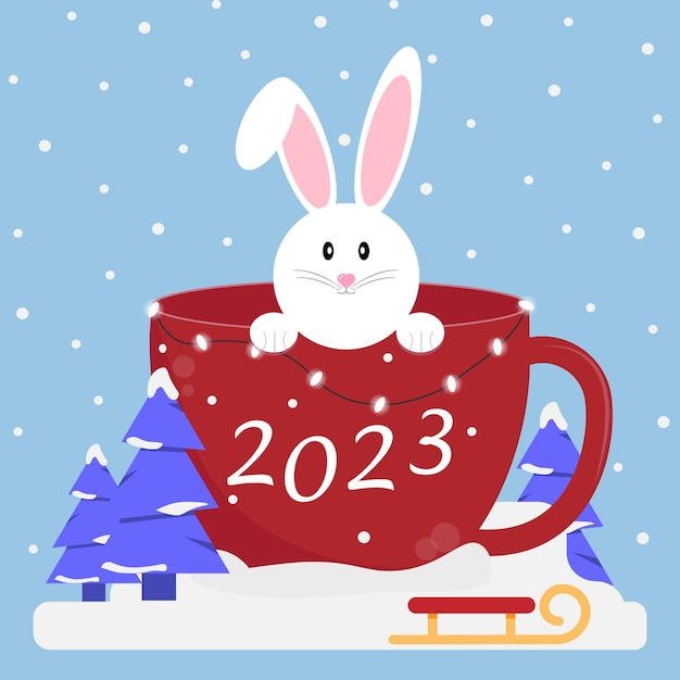 Bonne Année Et Noël. Carte De Nouvel An Avec Symbole De Lapin De 2023. Illustration Vectorielle.