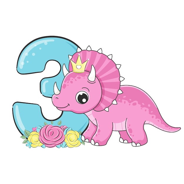 Bonne Carte D'anniversaire Pour Le Troisième Anniversaire Avec Illustration De Dino Vector