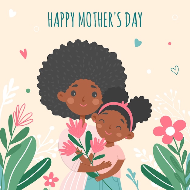 Bonne carte de félicitations pour la fête des mères mignonne mère et fille afro-américaine avec des fleurs