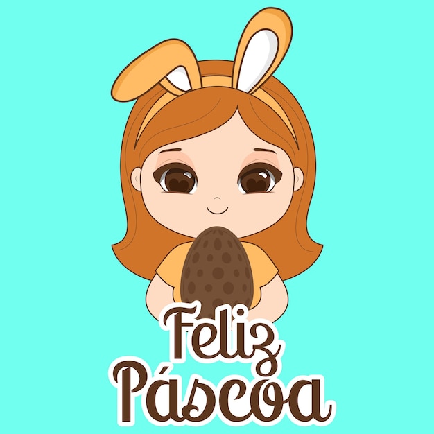 Bonne carte de Pâques à la fille mascotte de Kawaii Vector