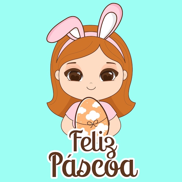 Bonne carte de Pâques à la fille mascotte de Kawaii Vector