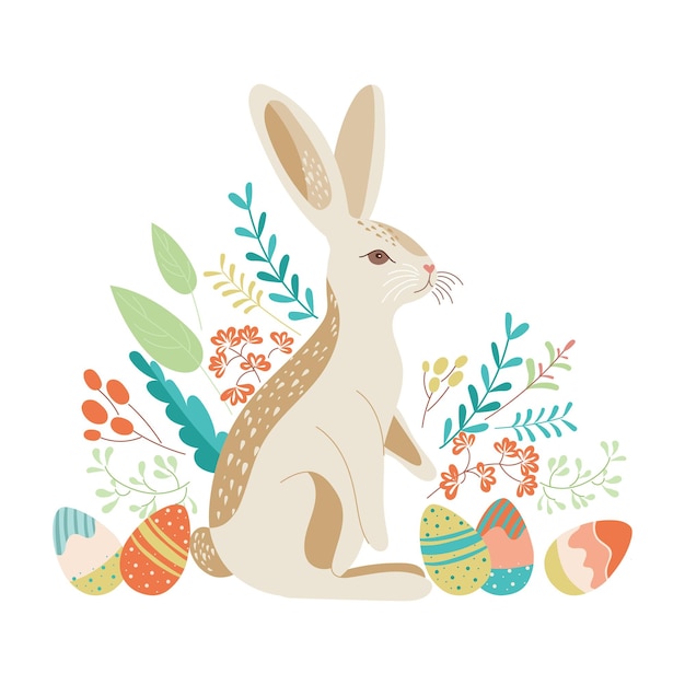 Vecteur bonne carte de pâques avec lapin design à la mode pour la typographie plantes peintes à la main œufs lapin
