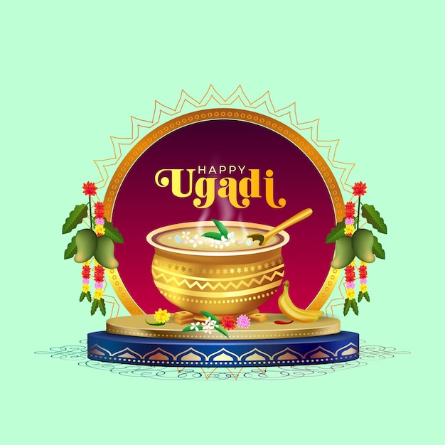 Vecteur bonne carte de vœux ugadi avec de la nourriture et une scène de podium