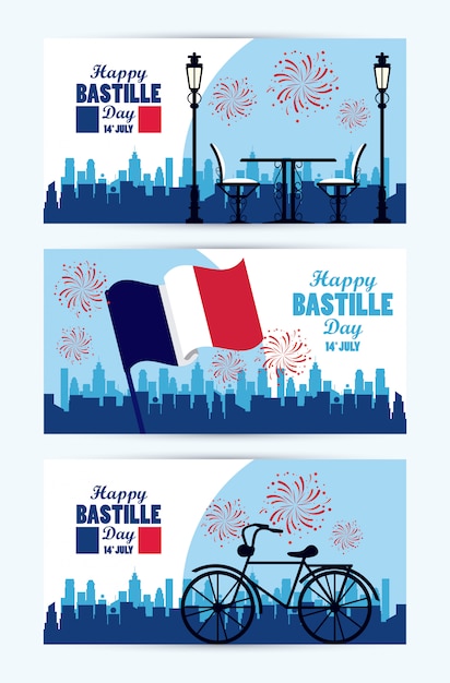 Vecteur bonne fête bastille avec drapeau et vélo