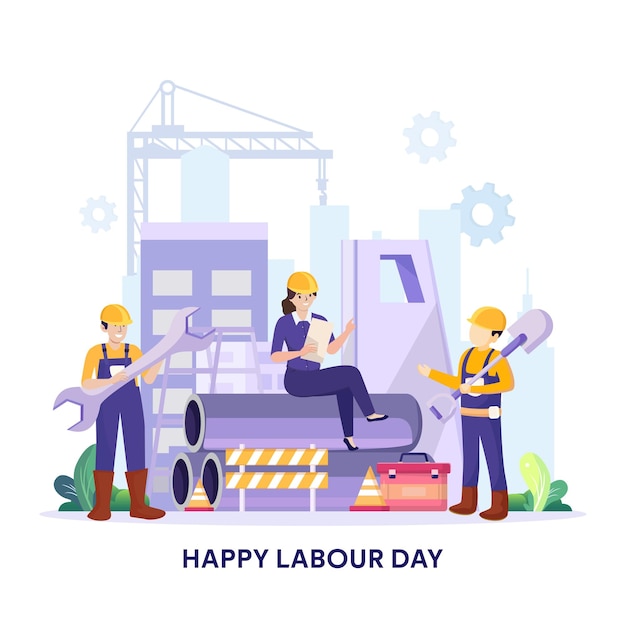 Bonne fête du travail Le 1er mai illustration vectorielle Les travailleurs de la construction travaillent sur la construction