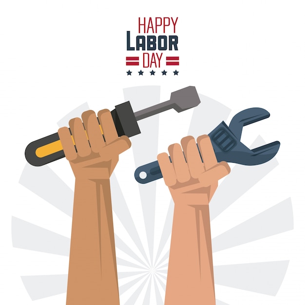bonne fête du travail avec les mains avec des outils tournevis et une clé
