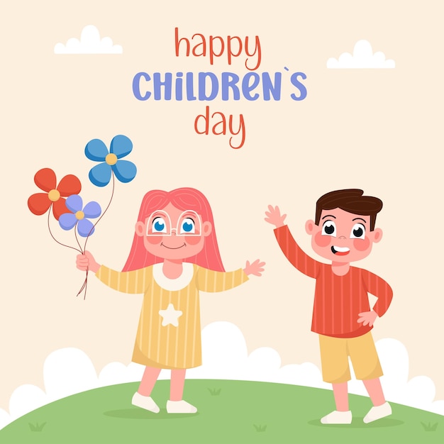 Bonne fête des enfants avec des enfants dans un fond plat