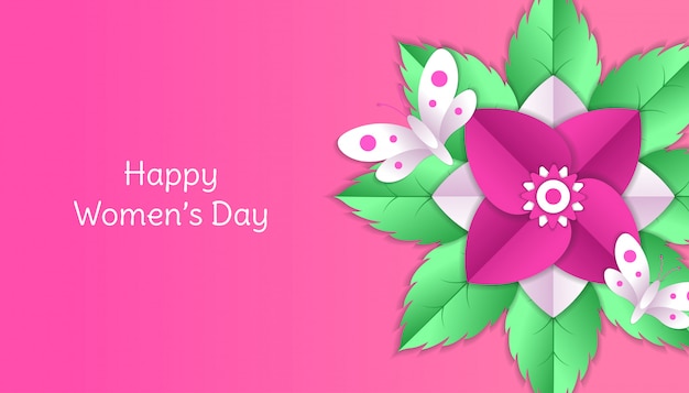 Bonne Fête Des Femmes Avec Fleur, Feuille, Papier Papillon Découpé Décoration Florale 3d En Couleur Rose Et Blanc