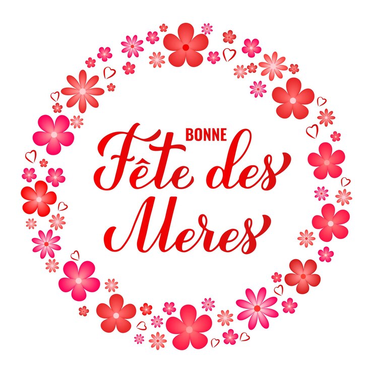 Vecteur bonne fete des meres calligraphie lettres à la main avec des fleurs de printemps joyeuse fête des mères en français modèle vectoriel pour la typographie affiche carte de vœux bannière autocollant d'invitation etc.