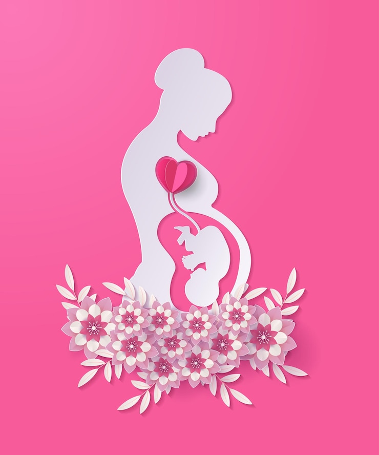 Vecteur bonne fête des mères carte de vœux florale avec mère enceinte avec cœur de papier et bébé coupé en papier