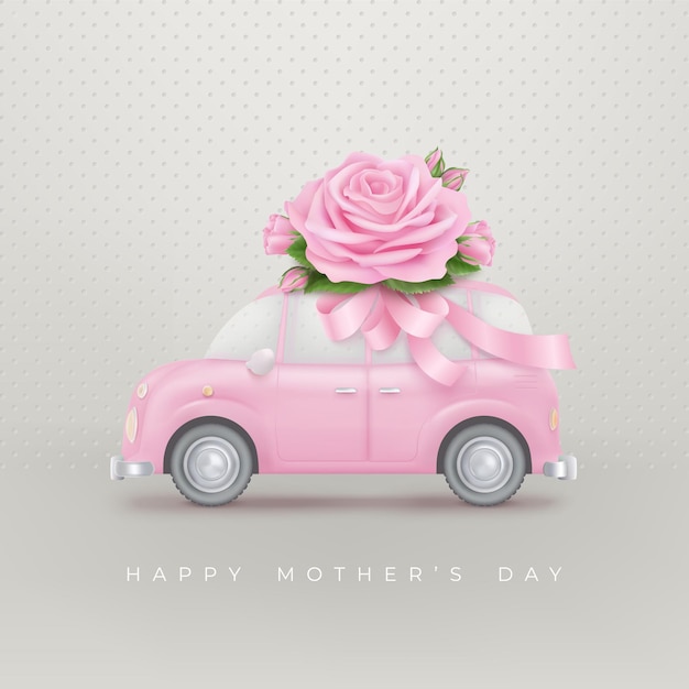 Vecteur bonne fête des mères fond avec rose sur le toit de la petite voiture