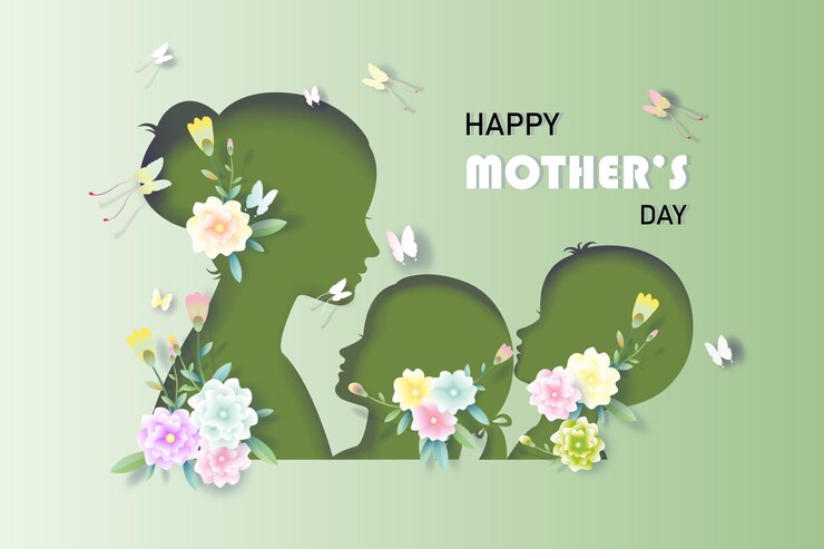 Bonne fête des mères en papier découpé style art papier Mère avec enfants papillon et fleurs Anniversaire et célébration à la fête des mères Conception de modèle d'illustration vectorielle sur fond vert