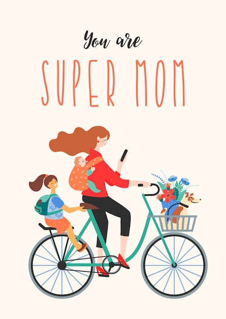 Bonne Fête Des Mères. Super Maman Sur Un Vélo Avec Des Enfants Et Un Chien.