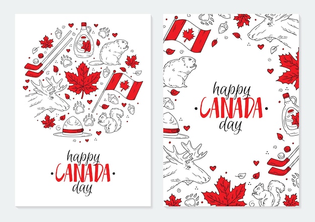 Bonne Fête Nationale Du Canada Un Ensemble De Cartes Postales Ou D'affiches Avec Des Symboles Rouges Traditionnels