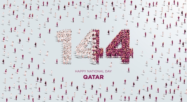 Bonne Fête Nationale Qatar Design. Un Grand Groupe De Personnes Se Forme Pour Créer Le Nombre 144.