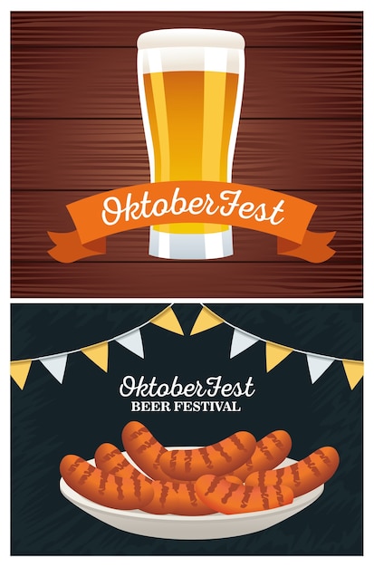 Vecteur bonne fête oktoberfest avec bière et saucisses dans la conception d'illustration vectorielle plat