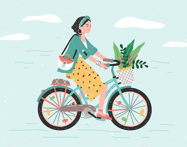 Bonne fille vêtue de vêtements à la mode à vélo de ville avec bouquet de fleurs dans le panier avant. Adorable jeune femme hipster à vélo. Jolie cycliste féminine pédalant. Illustration vectorielle de dessin animé plat.