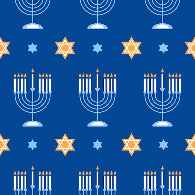 Vecteur bonne hanukkah modèle sans couture avec des symboles créatifs sur fond bleu