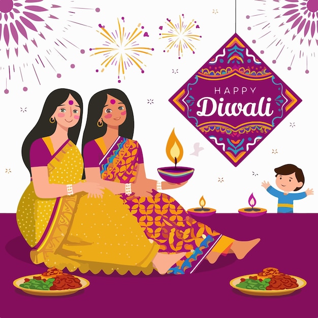 Vecteur bonne illustration vectorielle de diwali avec des diyas brûlants deepavali fêtes indiennes de lumières