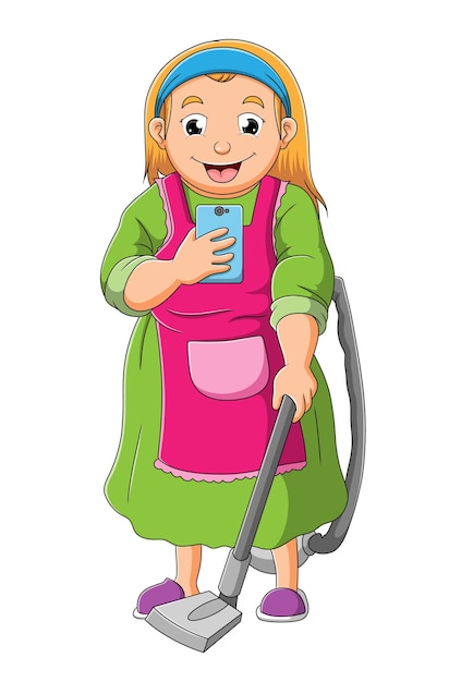 La bonne joue au téléphone portable pendant qu'elle nettoie avec l'aspirateur de l'illustration