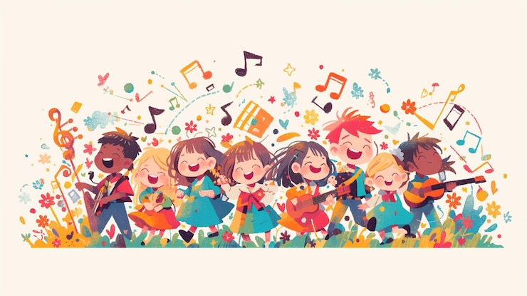 Vecteur bonne journée des enfants avec de la danse et de la musique