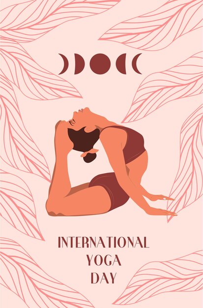 Bonne Journée Internationale De Yoga Avec Cadre Femme Et Feuilles