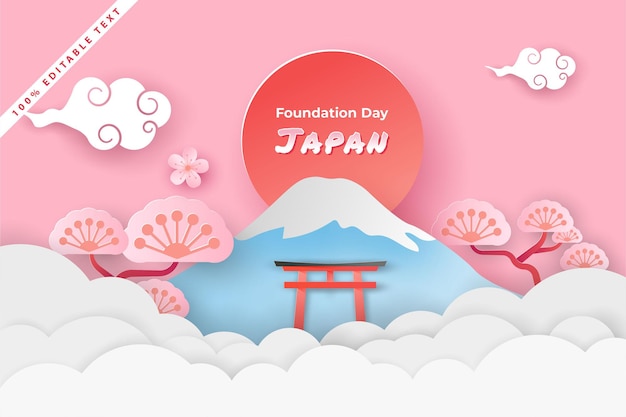 Bonne journée nationale de la fondation au Japon en style art papier découpé avec effet de texte modifiable