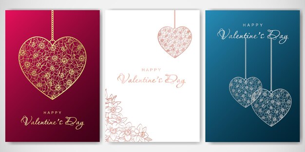 Bonne journée de la Saint-Valentin carte verticale avec pendentif cœur en or et en argent sur rouge et bleu et blanc