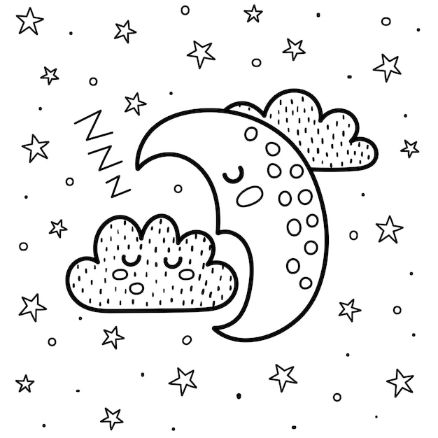 Bonne Nuit à Colorier Avec Une Jolie Lune Endormie Et Un Nuage. Fond De Fantaisie Noir Et Blanc. Impression De Beaux Rêves Pour Livre De Coloriage Pour Les Enfants. Illustration