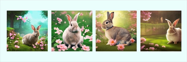 Bonne Pâques mignon beau lapin de Pâques dans un pré ensoleillé dans des fleurs décorées carte de Pâques