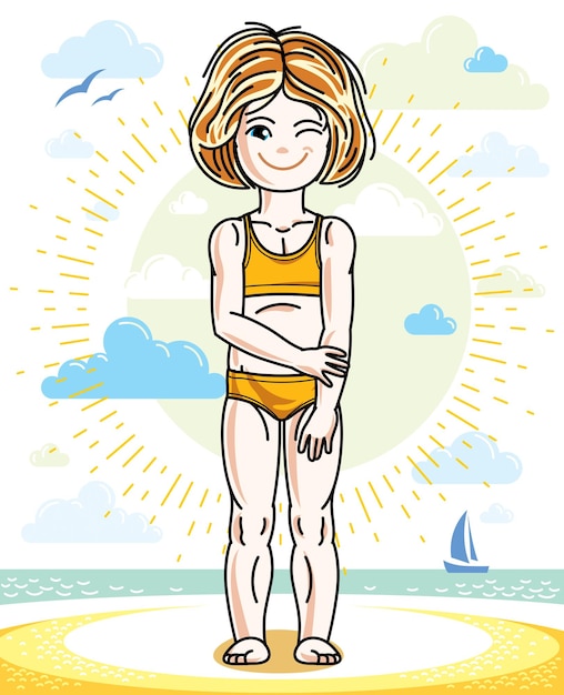 Bonne petite fille rousse posant sur une plage ensoleillée et portant un maillot de bain lumineux. Caractère de vecteur.