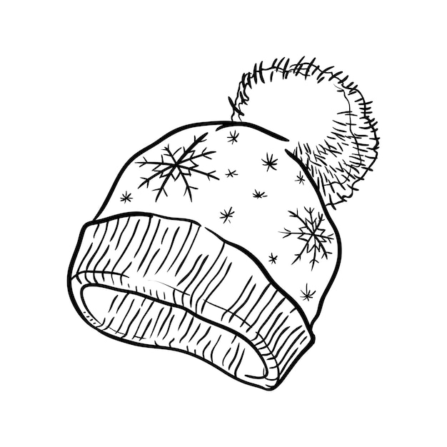 Vecteur bonnet d'hiver en tricot avec des flocons de neige. isolé sur fond blanc. illustration vectorielle dessinée à la main.