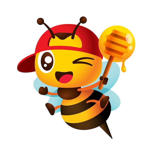 Bonnet rouge mignon petite abeille tenant illustration de vecteur de dessin animé louche miel