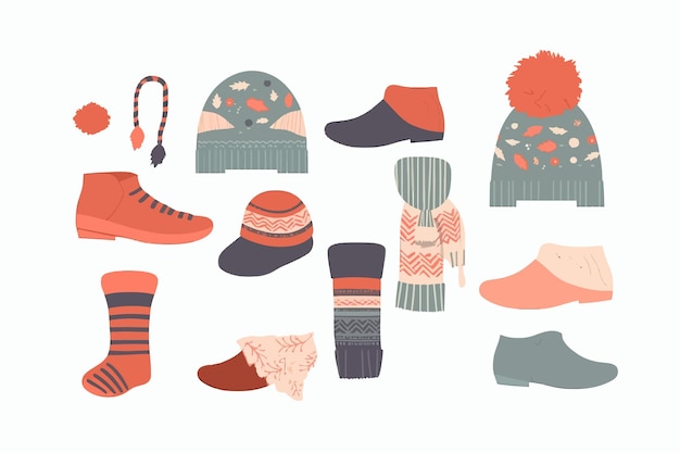 Vecteur bonnet tricoté et chaussettes illustration vectorielle plane vêtements chauds tricots d'hiver isolé sur fond blanc illustration de dessin animé de vecteur