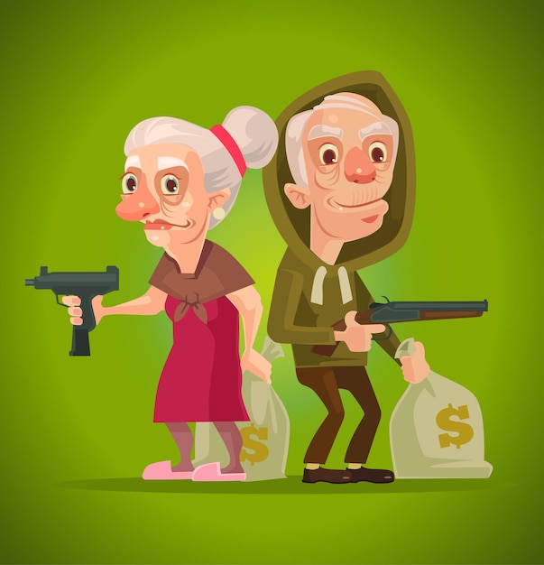 Bonnie Et Clyde. Voleurs De Personnages Grand-mère Et Grand-père. Illustration De Dessin Animé Plane Vectorielle