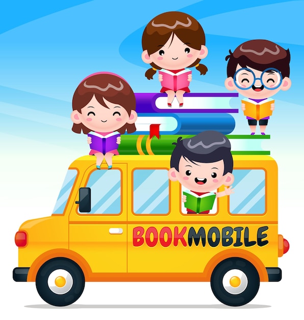 Bookmobile De Dessin Animé Avec Des Enfants Heureux