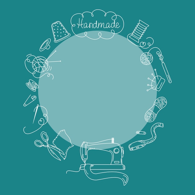 Bord de cadre rond avec des icônes de couture Accessoires de coutture style doodle Set fait à la main avec des éléments