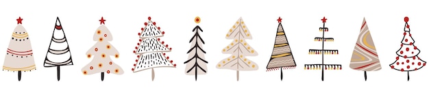 Bordure d'arbres de Noël d'hiver dessinés à la main Griffonnages fantaisistes Arbres du Nouvel An rouges et beiges Ensemble de vacances