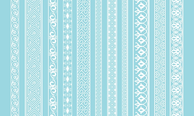 Bordure en dentelle blanche. Bordures de mariage textile mignonnes, image vectorielle de bandes de tissu de lacets barouques, rubans de silhouette de tissu rétro courbe, bandes de vecteur baroque de coton vintage isolées sur fond bleu